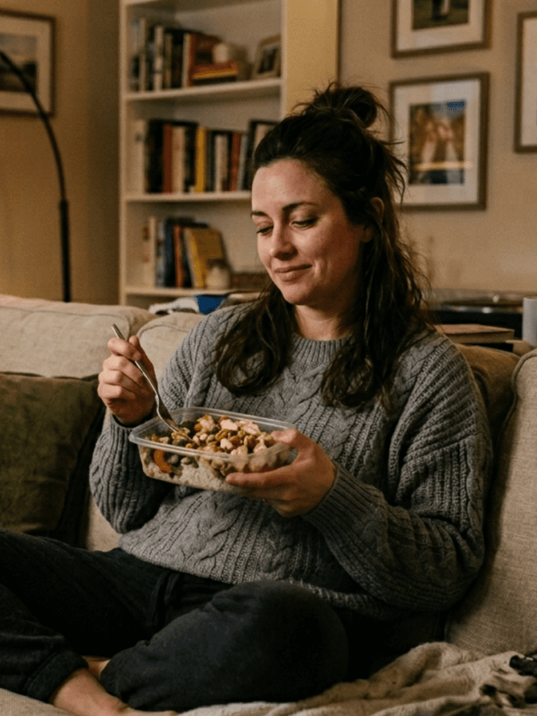 A woman sitting on a couch in the evening holding a snack or food container, soft warm lighting, slightly tired or overwhelmed expression, cozy home setting, realistic lifestyle photography