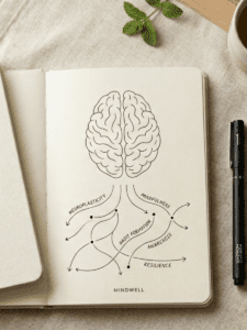 A clean, modern flat-lay of a notebook with a simple brain diagram and arrows showing pathways forming, neutral tones, soft natural lighting, minimal aesthetic, professional wellness brand style