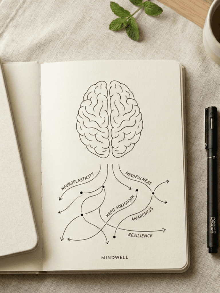 A clean, modern flat-lay of a notebook with a simple brain diagram and arrows showing pathways forming, neutral tones, soft natural lighting, minimal aesthetic, professional wellness brand style