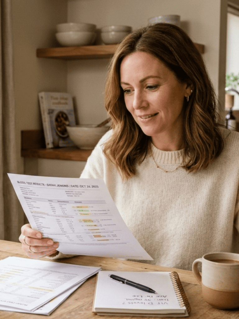 Woman reviewing RDW blood test results to understand fatigue and lab patterns