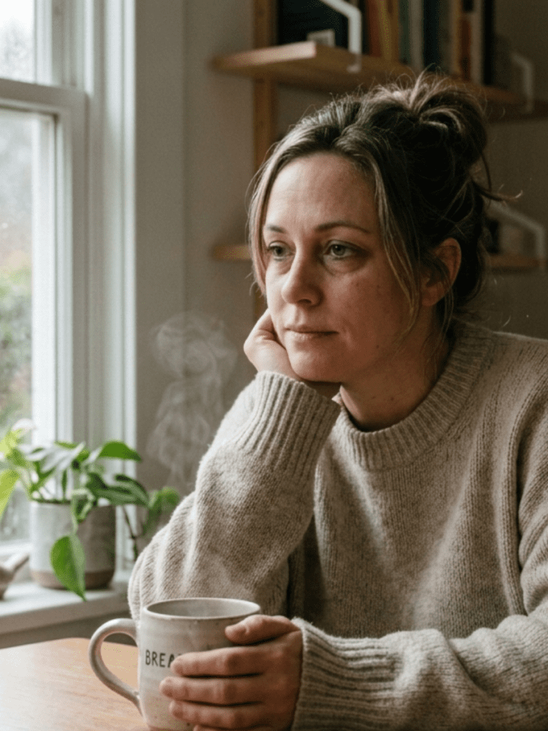 woman in her late 30s to mid-40s sitting quietly near a window with soft natural light, holding a mug of tea or coffee. She appears tired but calm, reflecting quietly rather than visibly distressed. The setting is a warm, neutral home environment with soft colors and minimal clutter. The scene conveys emotional and physical fatigue without looking dramatic or clinical.