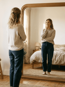 A woman standing calmly in front of a mirror in soft morning light, looking at her reflection with a peaceful, reflective expression rather than criticism, warm neutral color palette, minimal home environment, natural lifestyle photography style, soft depth of field, warm sunlight
