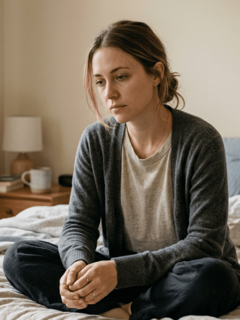 A woman sitting quietly on a couch or bed, leaning slightly forward with her hands resting together, looking thoughtful and slightly fatigued. Soft natural light, calm neutral tones. The image conveys internal stress and quiet depletion rather than illness.