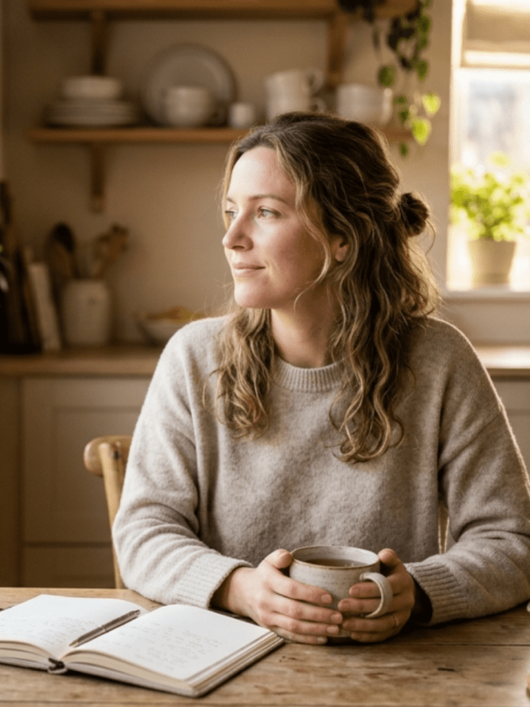 A calm, thoughtful woman sitting at a kitchen table in soft morning light with a journal and cup of tea, looking peaceful and reflective rather than stressed, warm neutral color palette, natural lifestyle photography style, minimal aesthetic, cozy home environment, subtle wellness vibe, professional blog hero image, soft depth of field