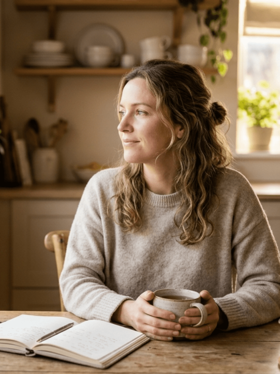 A calm, thoughtful woman sitting at a kitchen table in soft morning light with a journal and cup of tea, looking peaceful and reflective rather than stressed, warm neutral color palette, natural lifestyle photography style, minimal aesthetic, cozy home environment, subtle wellness vibe, professional blog hero image, soft depth of field