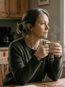 A realistic lifestyle image of a woman in her late 30s–40s sitting alone at a kitchen table in soft morning window light, holding a mug of coffee or tea. She appears capable and thoughtful, slightly tired but calm. Neutral warm tones, cozy lived-in home environment, natural textures, editorial photography style, shallow depth of field, emotionally grounded mood. No fitness imagery or staged posing — authentic everyday realism representing independence and emotional load. Emotional tone: strong • reflective • carrying responsibility