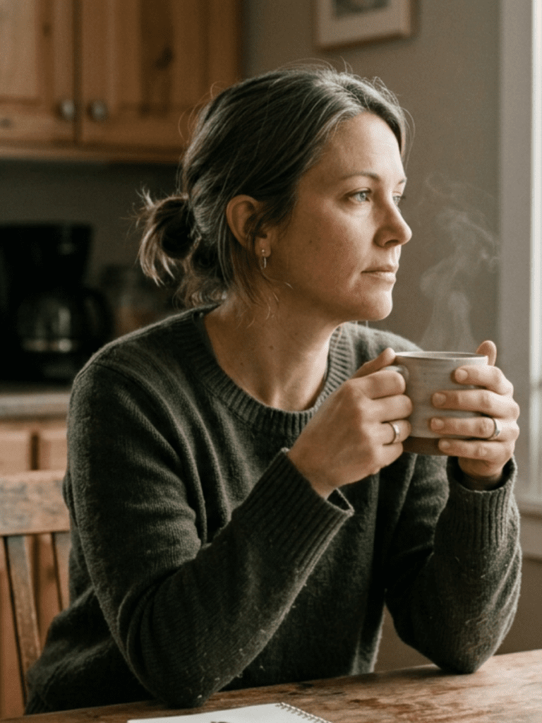 A realistic lifestyle image of a woman in her late 30s–40s sitting alone at a kitchen table in soft morning window light, holding a mug of coffee or tea. She appears capable and thoughtful, slightly tired but calm. Neutral warm tones, cozy lived-in home environment, natural textures, editorial photography style, shallow depth of field, emotionally grounded mood. No fitness imagery or staged posing — authentic everyday realism representing independence and emotional load. Emotional tone: strong • reflective • carrying responsibility