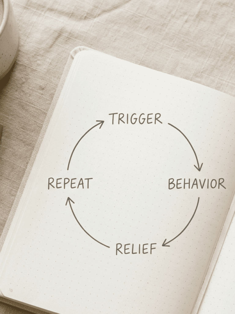 A clean, modern flat-lay of a neutral-toned notebook or white paper with a simple hand-drawn circular diagram labeled “Trigger → Behavior → Relief → Repeat,” soft natural lighting, minimal aesthetic, warm neutral color palette (beige, cream, soft gray), a pen placed beside it, subtle lifestyle elements like a coffee cup or plant, shallow depth of field, calm and professional wellness brand style