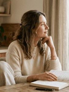 A woman sitting at a kitchen table in soft morning light with a journal and cup of coffee, relaxed posture, thoughtful expression, warm neutral color palette, minimal cozy home environment, lifestyle photography style, soft depth of field, calm and reflective mood