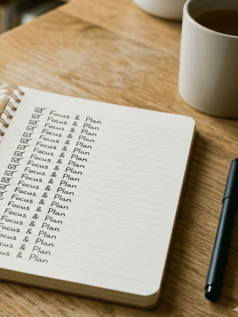 A clean, minimal image of a notebook with repeated checkmarks or repeated short phrases written in a list, soft neutral tones, natural lighting, calm and structured aesthetic