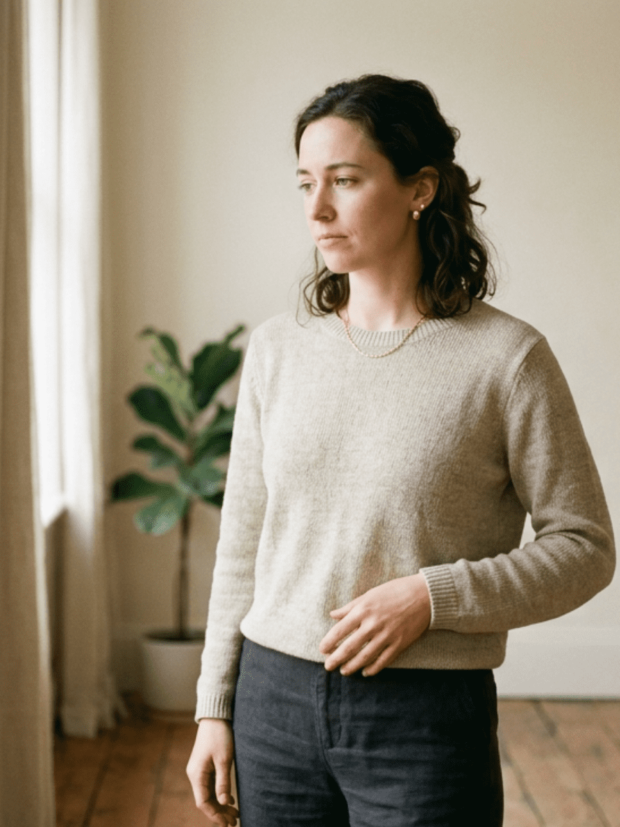 A woman standing in soft natural light near a window, one hand resting lightly on her side, looking thoughtful. Clean, neutral background. Calm but slightly “off” expression.