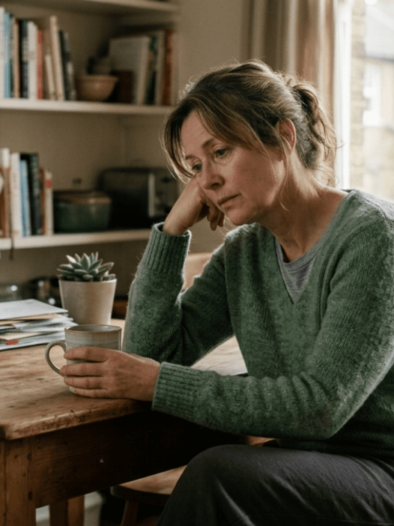 A woman sitting quietly at a kitchen table or on a couch, slightly hunched forward, looking thoughtful and emotionally tired. The space around her is calm but lived-in. Soft, warm lighting creates a reflective mood. The image should feel heavy—but not dramatic—capturing the internal weight she’s carrying.