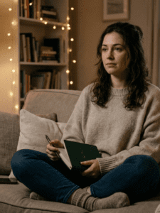 Woman sitting on the edge of a bed or couch in a softly lit room, looking thoughtful but calm, slightly tired expression, holding a phone or notebook, cozy environment, neutral tones, real-life setting