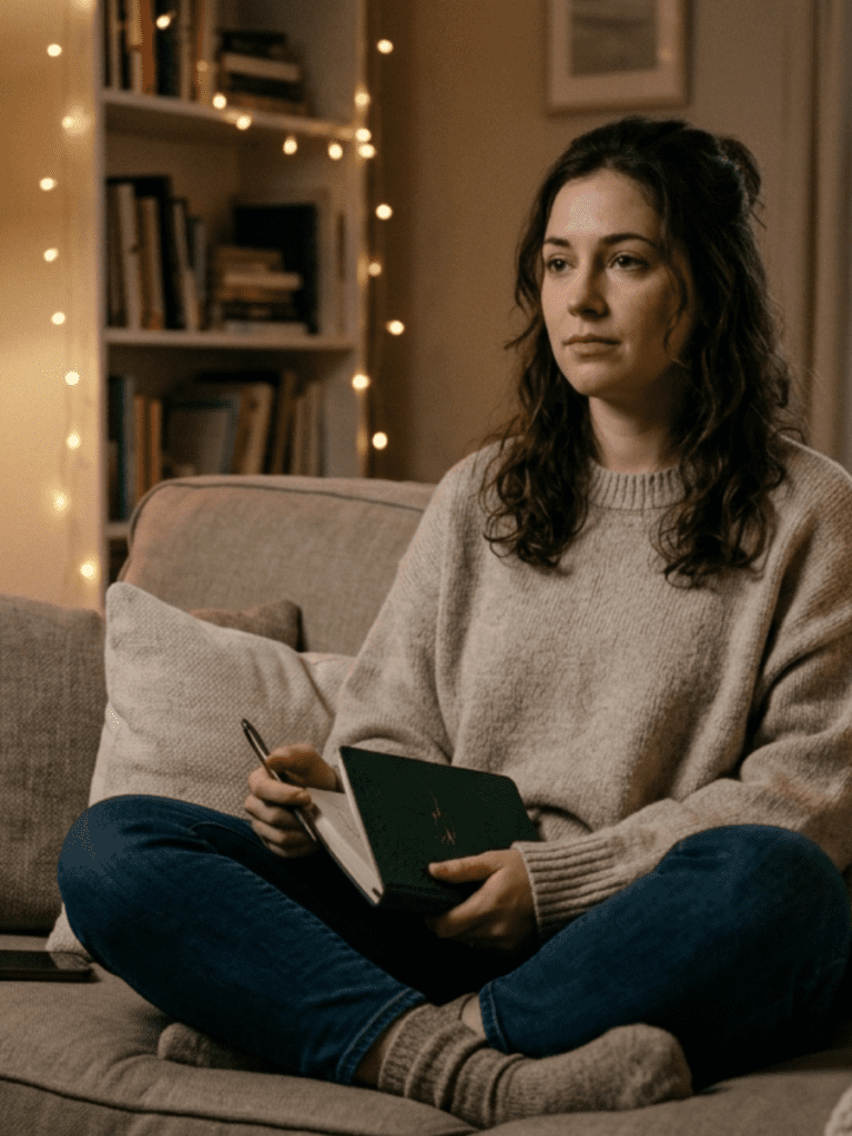 Woman sitting on the edge of a bed or couch in a softly lit room, looking thoughtful but calm, slightly tired expression, holding a phone or notebook, cozy environment, neutral tones, real-life setting