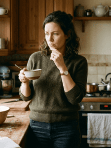 A woman standing in a kitchen looking slightly frustrated or thoughtful, one hand resting on the counter. Soft natural or warm lighting. The environment is calm but slightly tense, capturing a moment of “I messed up” thinking—not dramatic, just internal.