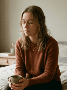 Woman (30s–50s) sitting on the edge of a bed or couch in soft morning light, slightly slouched posture, holding a cup of coffee but not energized. Her expression is calm but tired—like she’s already feeling the weight of the day. Neutral tones, natural environment, nothing chaotic.