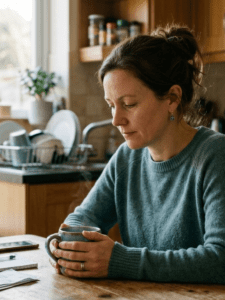 Woman (30s–50s) sitting at a kitchen table in soft natural morning light, holding a mug of coffee or tea. She’s not distressed—just quietly thoughtful, slightly tired, looking down or off to the side. The background is calm and lived-in (not staged), with a subtle sense of mental load.