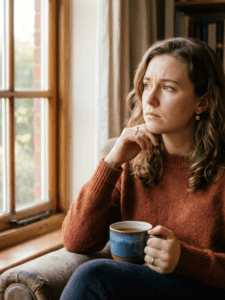 Woman sitting in soft natural light, looking thoughtful/concerned