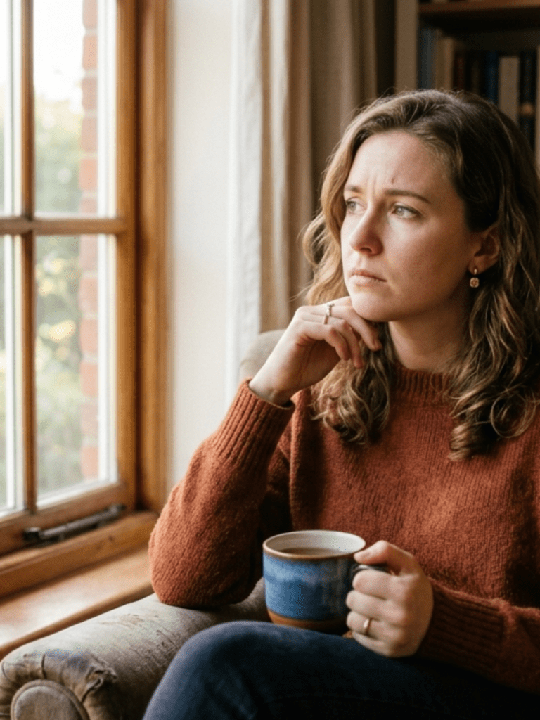 Woman sitting in soft natural light, looking thoughtful/concerned