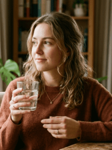 Woman holding a glass of water, thoughtful expression, soft natural light