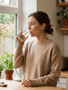 Woman drinking water at kitchen counter, neutral expression, soft natural light