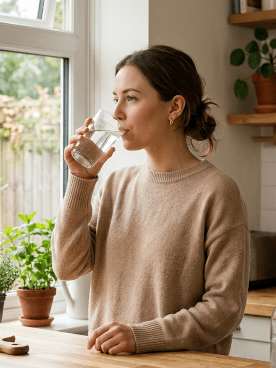 Woman drinking water at kitchen counter, neutral expression, soft natural light