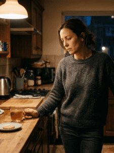 A woman standing in a softly lit kitchen in the evening, leaning slightly against the counter with a thoughtful, tired expression. One hand rests near a cup of tea or a simple snack, untouched. The lighting is warm and natural, creating a calm but reflective mood. The scene feels real and unfiltered—not staged—capturing a quiet moment of internal conflict or pause.
