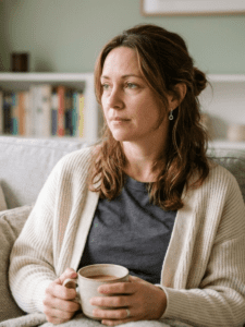 Woman (30s–50s) sitting on a couch in soft natural light, holding a mug of coffee. She looks calm on the outside but slightly distant or fatigued—eyes not fully engaged, subtle “tired behind the eyes” expression. The room is clean and peaceful, not chaotic.