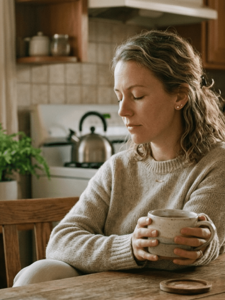 Woman sitting at a kitchen table in soft morning or evening light, eyes closed or looking down, hands wrapped around a warm mug, calm but slightly overwhelmed expression, neutral tones, peaceful but real-life setting