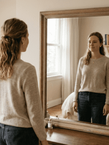 Woman standing in front of a mirror with a soft, calm expression—not overly excited, just quietly content and reflective. Natural lighting, neutral tones, peaceful and grounded mood.