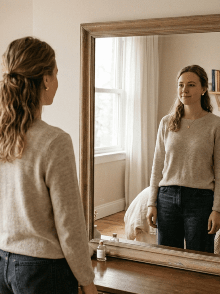 Woman standing in front of a mirror with a soft, calm expression—not overly excited, just quietly content and reflective. Natural lighting, neutral tones, peaceful and grounded mood.