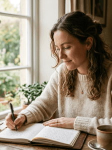 Woman sitting at a table with a journal and pen, soft natural light coming through a window, calm focused expression, neutral cozy environment, coffee or tea nearby, peaceful and reflective mood