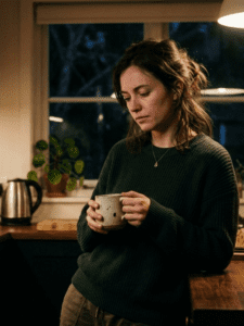 A woman standing in a softly lit kitchen at night, slightly leaning on the counter, holding a mug or small snack. Her expression is thoughtful and a little tired—not distressed, but clearly processing. The kitchen is calm but lived-in (subtle clutter, warm lighting). The overall mood is quiet, reflective, and emotionally real.
