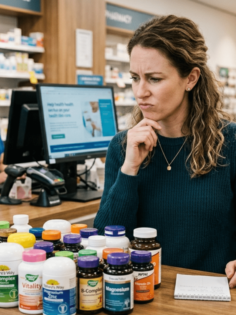 Woman standing at counter with multiple supplement bottles, looking frustrated but calm