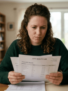 Woman looking at lab results, slightly confused