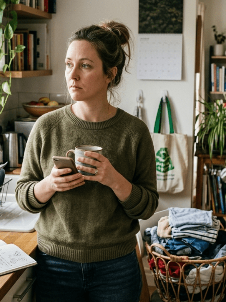 A woman standing in her kitchen or living space surrounded by subtle signs of daily life (laundry basket, dishes, notebook, phone), looking slightly overwhelmed but not distressed. She’s mid-thought, holding something like a phone or cup, with soft natural lighting. The image should feel full—not chaotic—capturing the invisible mental load she’s carrying.
