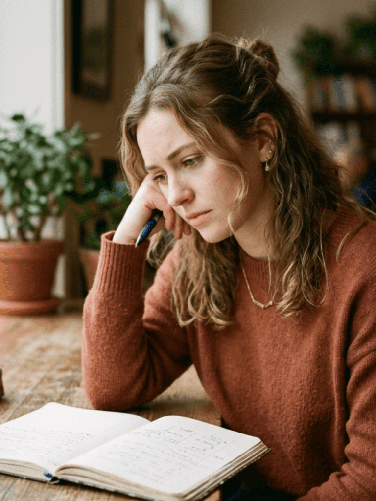 A woman sitting at a table with a notebook open, head slightly tilted down, pen in hand but paused. She looks deep in thought or slightly overwhelmed. Soft natural or warm lighting. Calm but introspective mood—capturing the moment of internal dialogue.