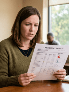 Woman looking at lab report with a slightly confused expression, calm setting
