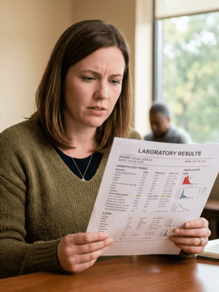 Woman looking at lab report with a slightly confused expression, calm setting