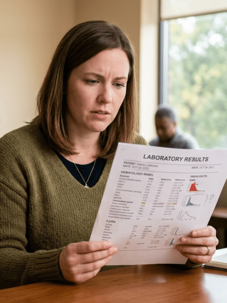 Woman looking at lab report with a slightly confused expression, calm setting