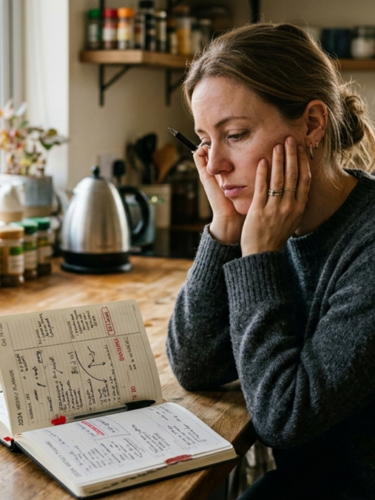 A woman sitting at a table or kitchen counter with a planner or notebook open, looking thoughtful but slightly fatigued. Her posture is upright but tense, as if she’s trying to stay on track but feels mentally drained. The lighting is soft and natural, capturing effort without ease. The overall mood should feel: “I’m doing this… but it’s hard.