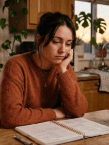 A woman sitting at a kitchen table in the early evening, slightly slouched with a tired, thoughtful expression. A planner or notebook is open in front of her, but she isn’t writing. A soft, warm light (like a lamp or sunset glow) creates a calm but fatigued atmosphere. The scene captures the transition from earlier motivation to end-of-day mental exhaustion—quiet, relatable, and reflective rather than dramatic.