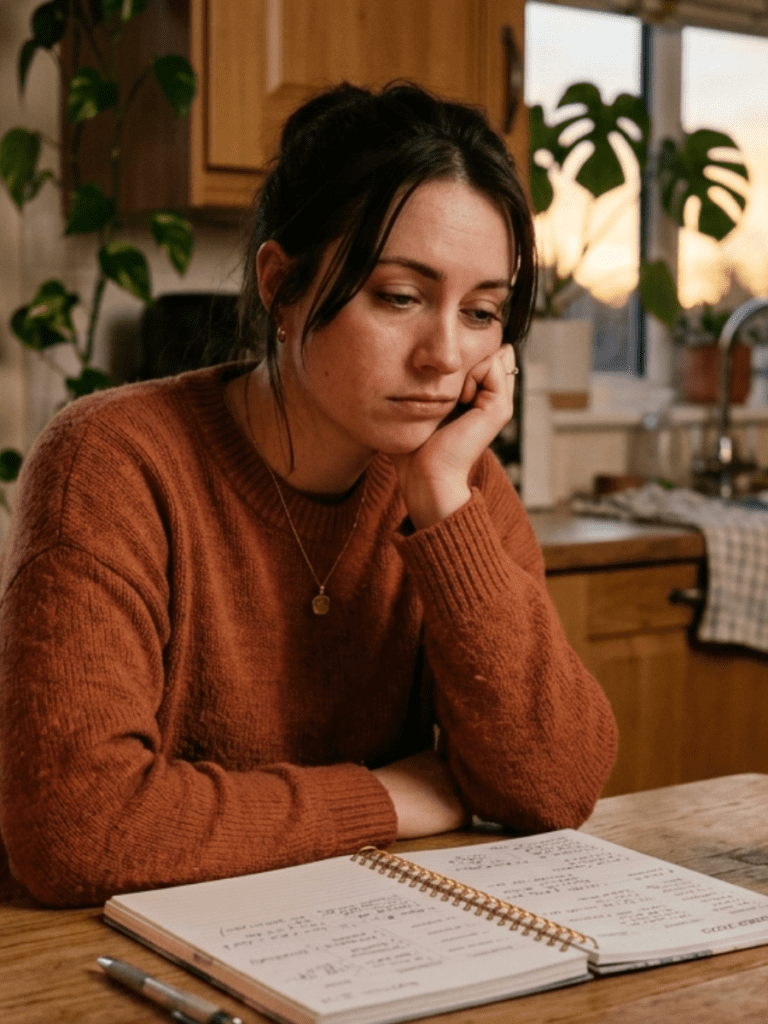 A woman sitting at a kitchen table in the early evening, slightly slouched with a tired, thoughtful expression. A planner or notebook is open in front of her, but she isn’t writing. A soft, warm light (like a lamp or sunset glow) creates a calm but fatigued atmosphere. The scene captures the transition from earlier motivation to end-of-day mental exhaustion—quiet, relatable, and reflective rather than dramatic.
