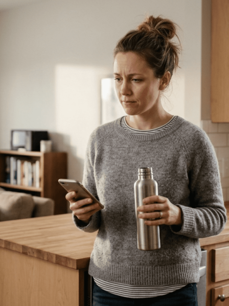 A woman standing in her kitchen or living room, looking thoughtful and slightly uncertain. She’s holding a phone, water bottle, or small snack, as if mid-decision. The lighting is soft and natural. Her expression reflects effort and intention—but also confusion or disconnect. The scene captures the feeling of “I’m trying… but something feels off.”